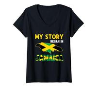 Mujer Mi Historia comenzó en Jamaica Bandera Orgullo Amantes jamaicanos Camiseta Cuello V