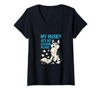 Mujer Mi Husky se comió mis Planes de lecciones Maestros Amantes de los Perros Camiseta Cuello V