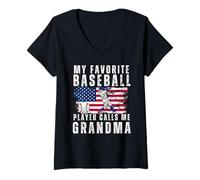 Mujer Mi jugador de béisbol favorito me llama abuela corazón de béisbol Camiseta Cuello V