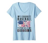 Mujer Mi jugador de béisbol favorito me llama abuela corazón de béisbol Camiseta Cuello V