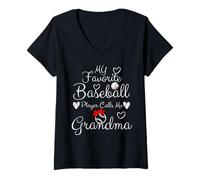 Mujer Mi jugador de béisbol favorito me llama abuela corazón de béisbol Camiseta Cuello V