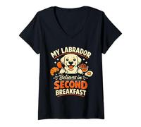 Mujer Mi Labrador cree en el Segundo Desayuno, Divertido Labrador Camiseta Cuello V