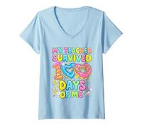 Mujer Mi Maestro sobrevivió 100 días de mí Donut Maestros Estudiantes Camiseta Cuello V