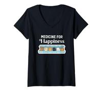 Mujer Mi Medicina para la Felicidad Llamado Gatos Todos los días Camiseta Cuello V