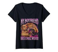 Mujer Mi novio tiene un pequeño perro salchicha ofensivo divertido Camiseta Cuello V