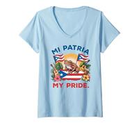 Mujer Mi Patria My Pride Patrimonio Puertorriqueño Coquí & Diseño Bandera Camiseta Cuello V