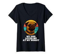 Mujer Mi perro me ama en mi peor momento: Pug, retro, amante de los cachorros, dueño de un cachorro Camiseta Cuello V