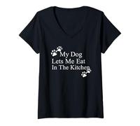 Mujer Mi Perro me Deja Comer en la Cocina Humor Divertido de Mascotas Camiseta Cuello V