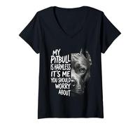 Mujer Mi Pitbull es inofensivo dueño de Perro Divertido Camiseta Cuello V