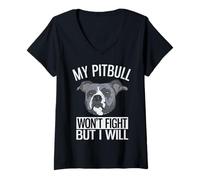 Mujer Mi Pitbull no peleará, Pero yo lo haré American Pitbull Terrier Camiseta Cuello V