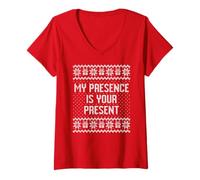Mujer Mi presencia es tu presente sarcástico suéter feo de Navidad Camiseta Cuello V