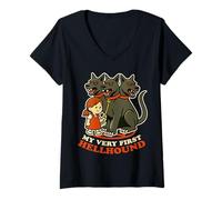 Mujer Mi primer perro Hellhound Puppy Vintage Invoca Demonios Camiseta Cuello V