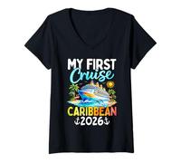 Mujer Mi Primer Viaje de Vacaciones en Crucero por el Caribe 2026 Camiseta Cuello V