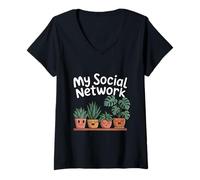 Mujer Mi red social es Green Plant Lover Plant Parent Fun Camiseta Cuello V