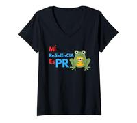 Mujer Mi Residencia es Puerto Rico Frog | Gráfico del Orgullo Boricua Camiseta Cuello V