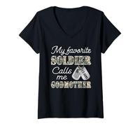 Mujer Mi soldado favorito me llama madrina orgullosa familia del ejército estadounidense Camiseta Cuello V