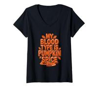 Mujer Mi tipo de sangre es calabaza especias otoño Acción de Gracias Halloween Camiseta Cuello V