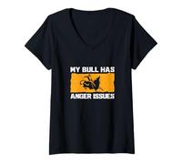 Mujer Mi Toro Tiene Problemas de ira Funny Bull Riding Cowboy Bull Rider Camiseta Cuello V