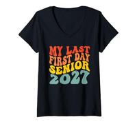 Mujer Mi último Primer día Senior 2027 Regreso a la Escuela Maestros Niños Camiseta Cuello V