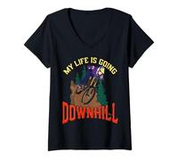 Mujer Mi Vida va Cuesta Abajo Divertido Ciclismo de montaña Camiseta Cuello V