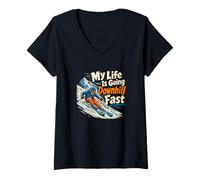 Mujer Mi Vida va Cuesta Abajo rápido Descenso Esquiador Camiseta Cuello V
