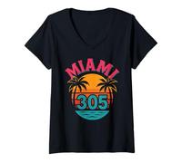 Mujer MIA 305 Miami Florida Retro South Floridian Beach Fiesta de los 80 Camiseta Cuello V