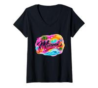 Mujer Miami Airbrush Tropical Sunset Mariposas Playa Arte Camiseta Cuello V