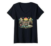 Mujer Miami Beach Sunset Coastal Florida Viajes para Hombres y Mujeres Camiseta Cuello V