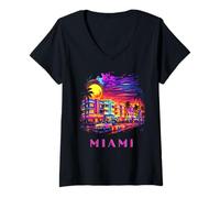 Mujer Miami Florida Colorido Art Deco Beach City Sunset Souvenir Camiseta Cuello V