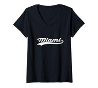 Mujer Miami Florida USA Vintage Cursiva Nombre de la Ciudad Modo Vacaciones Camiseta Cuello V