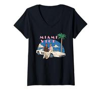 Mujer Miami Vice, Estilo Retro de los 80, Playa y Puesta de Sol Camiseta Cuello V