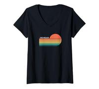 Mujer Michigan Retro Sunset Camiseta Cuello V
