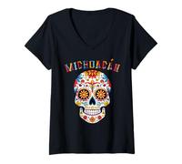 Mujer Michoacán Día de Muertos, Calavera de Azúcar, Arte Colorido Cráneo Camiseta Cuello V