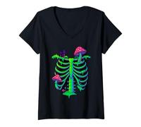 Mujer Micología de hongos musgo en caja torácica gótica Camiseta Cuello V