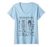 Mujer Micrófono de Cantante de música Retro Vintage con Estampado de Patente vocalista Camiseta Cuello V