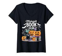 Mujer Midnight Book Club Ghosts Pumpkins Bats Cat Camiseta Cuello V
