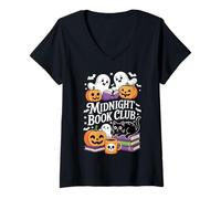 Mujer Midnight Book Club Ghosts Pumpkins Bats Cat Camiseta Cuello V
