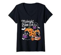 Mujer Midnight Book Club Ghosts Pumpkins Bats Cat Camiseta Cuello V