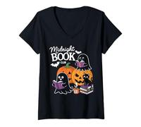 Mujer Midnight Book Club Ghosts Pumpkins Bats Cat Camiseta Cuello V
