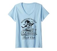 Mujer Midnight Salem Book Club Halloween Witching Hour Reader Camiseta Cuello V