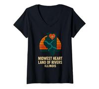 Mujer Midwest Heart Rivers Illinois Camisa Retro Brújula Mapa Camiseta Cuello V