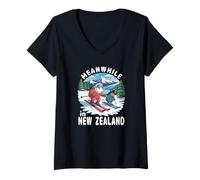 Mujer Mientras Tanto en Nueva Zelanda Kiwi Ovejas Esquí Invierno Souvenir Camiseta Cuello V