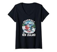 Mujer Mientras Tanto en Nueva Zelanda Kiwi Ovejas Esquí Invierno Souvenir Camiseta Cuello V