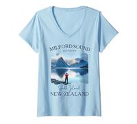 Mujer Milford Sound Fjord Senderismo Souvenir Turístico Vacaciones Hombres Niños Camiseta Cuello V