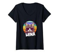 Mujer MINA - Bonito nombre de niña con un gato genial Camiseta Cuello V
