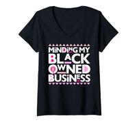 Mujer Minding My Own Black Business Apoyando el Cáncer de Mama Rosa Camiseta Cuello V
