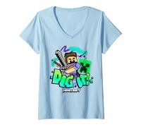 Mujer Minecraft Steve & Creeper Face Dig It Graffiti Lettering Art Camiseta Cuello V