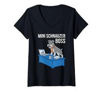 Mujer Mini Schnauzer Boss Dog Dad Broma Humor Oficina Corbata Divertido Camiseta Cuello V
