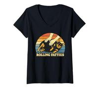 Mujer Miniatura Pinscher Rolling Fatties Juego de palabras broma amante de los perros Camiseta Cuello V