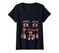 Mujer Miniatura Schnauzer Puppy Family Sketch Dibujo Arte. Camiseta Cuello V